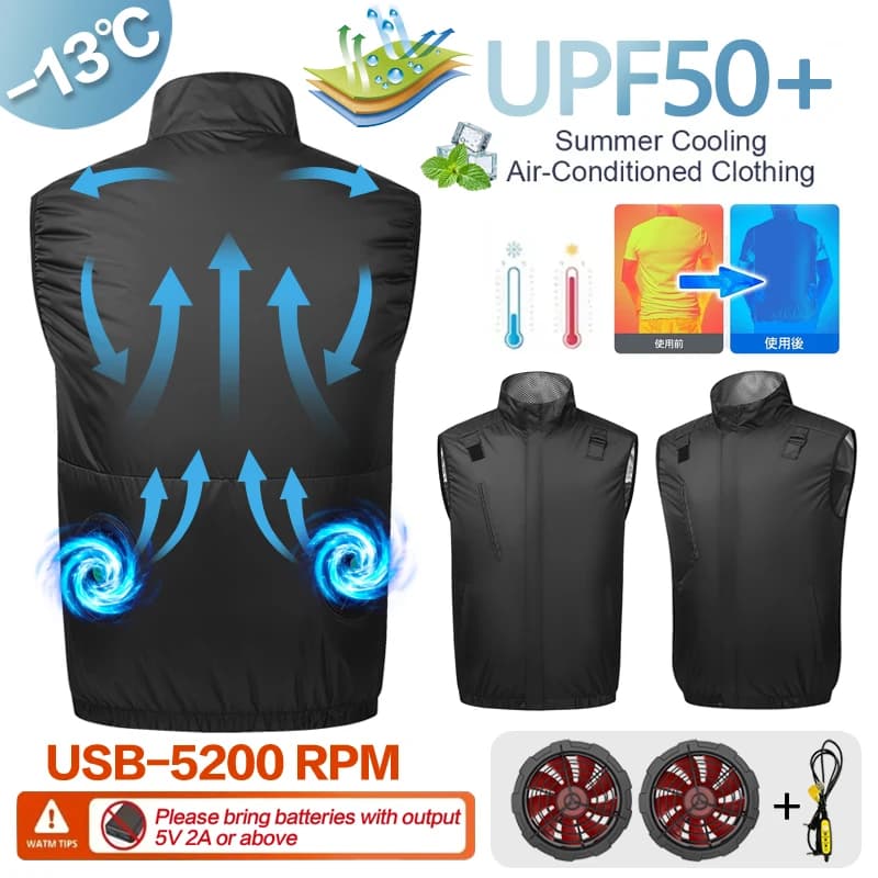 Abbigliamento estivo con ventilatore, tute climatizzate, giacche rinfrescanti per uomo e donna, gilet rinfrescanti ricaricabili, protezione solare per esterni