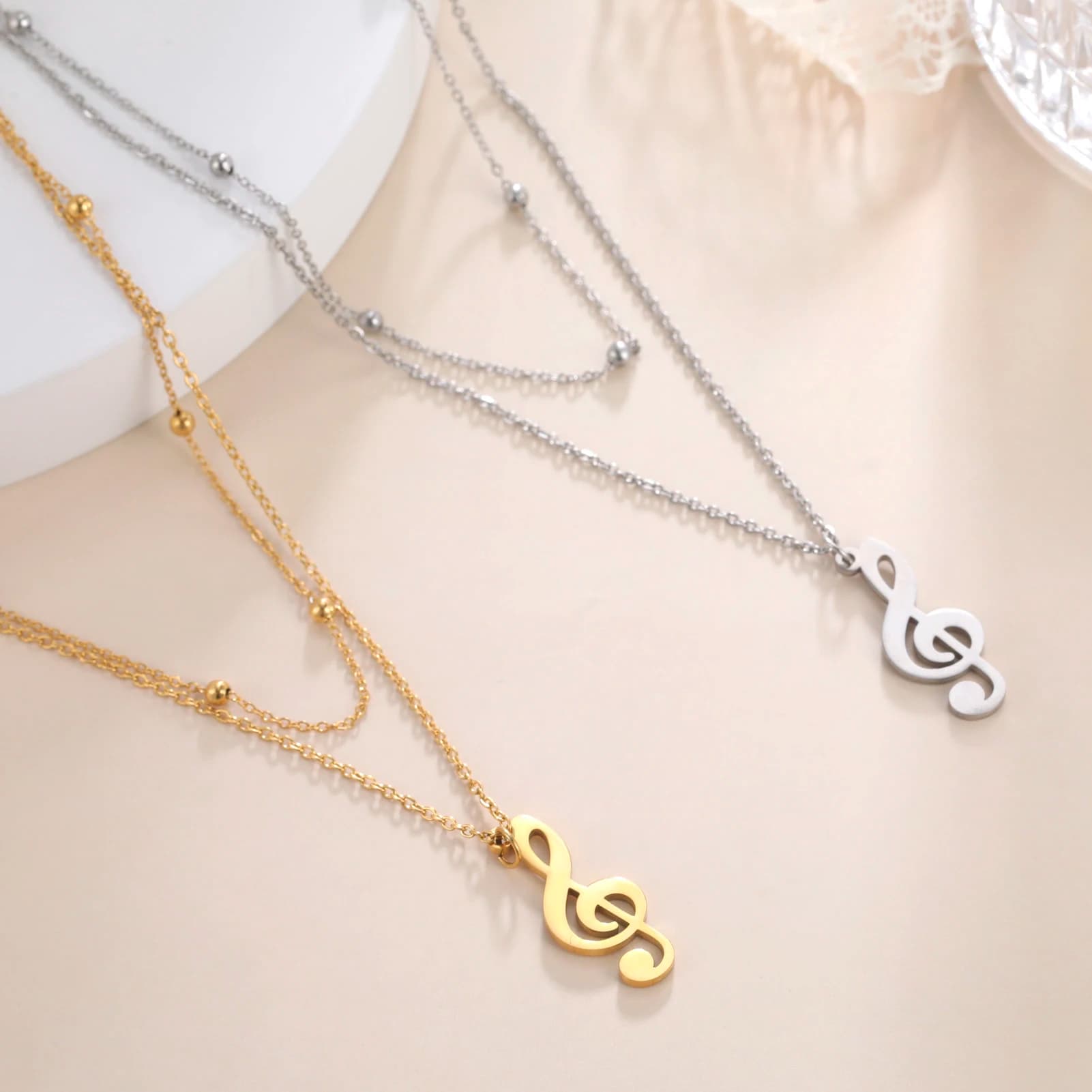 Music Note Pendant Necklace Stainless Steel Women's Double-Layer Bead Chain Music Enthusiast Hip-Hop Punk Jewelry Gift