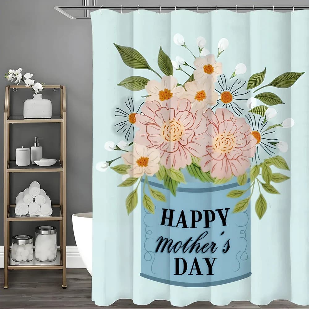 Tenda da doccia blu floreale per la festa della mamma felice, tenda da doccia decorativa per il bagno, tenda da doccia impermeabile con ganci