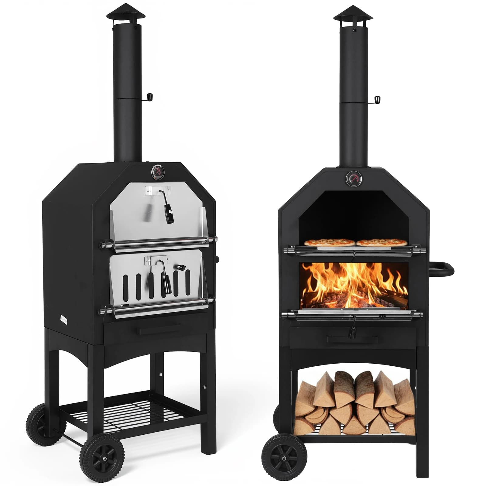Grill a carbonella a 2 livelli con affumicatore, pietra per pizza, pala per pizza, grande griglia da esterno per patio, forno per pizza da giardino, campeggio e tailgating