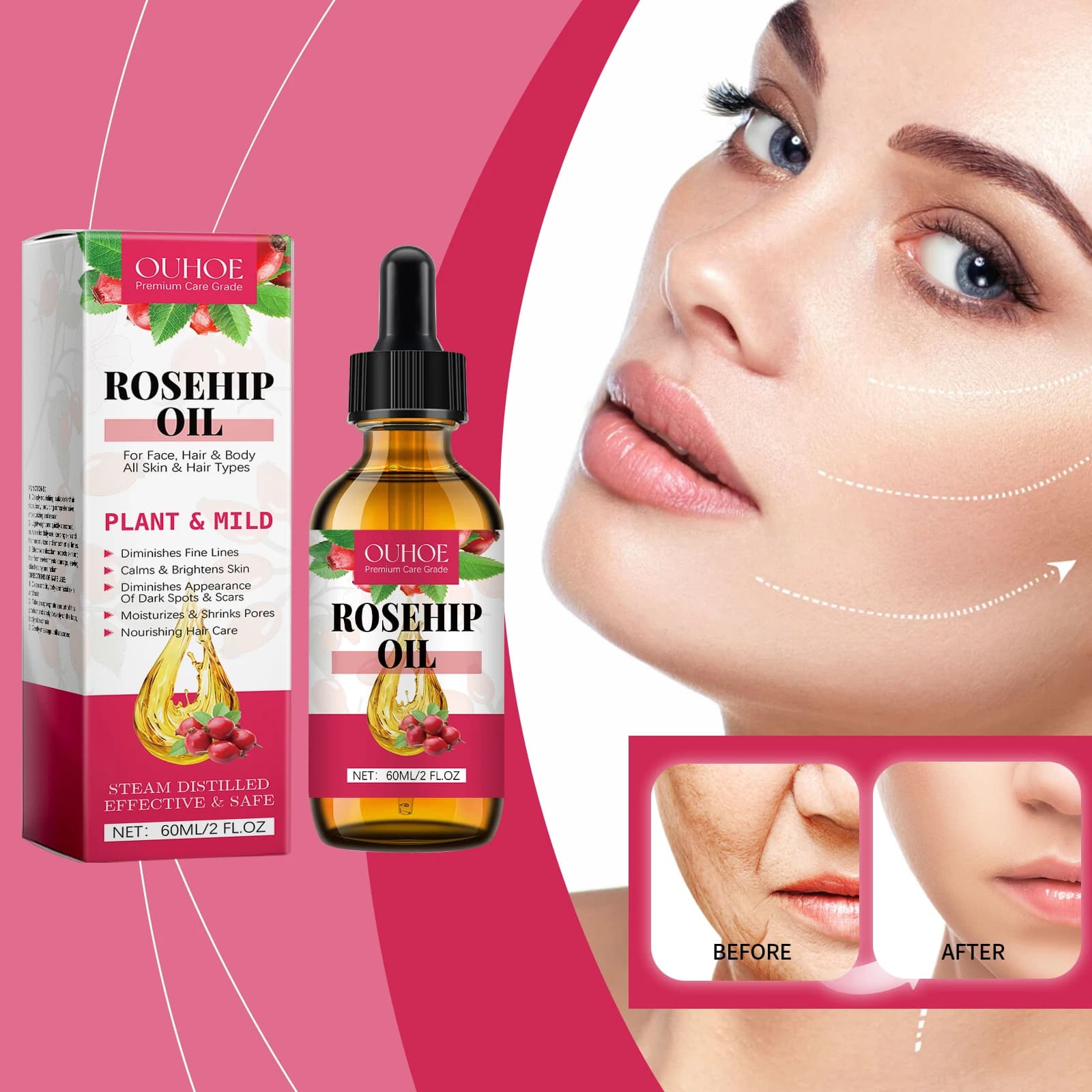Rose Canine Face Oil Light Dry Oil With Hyaluronic Acid Vitamin E 60ml Quick Absorption Serum for Dehydrated Skin Comedogenic
