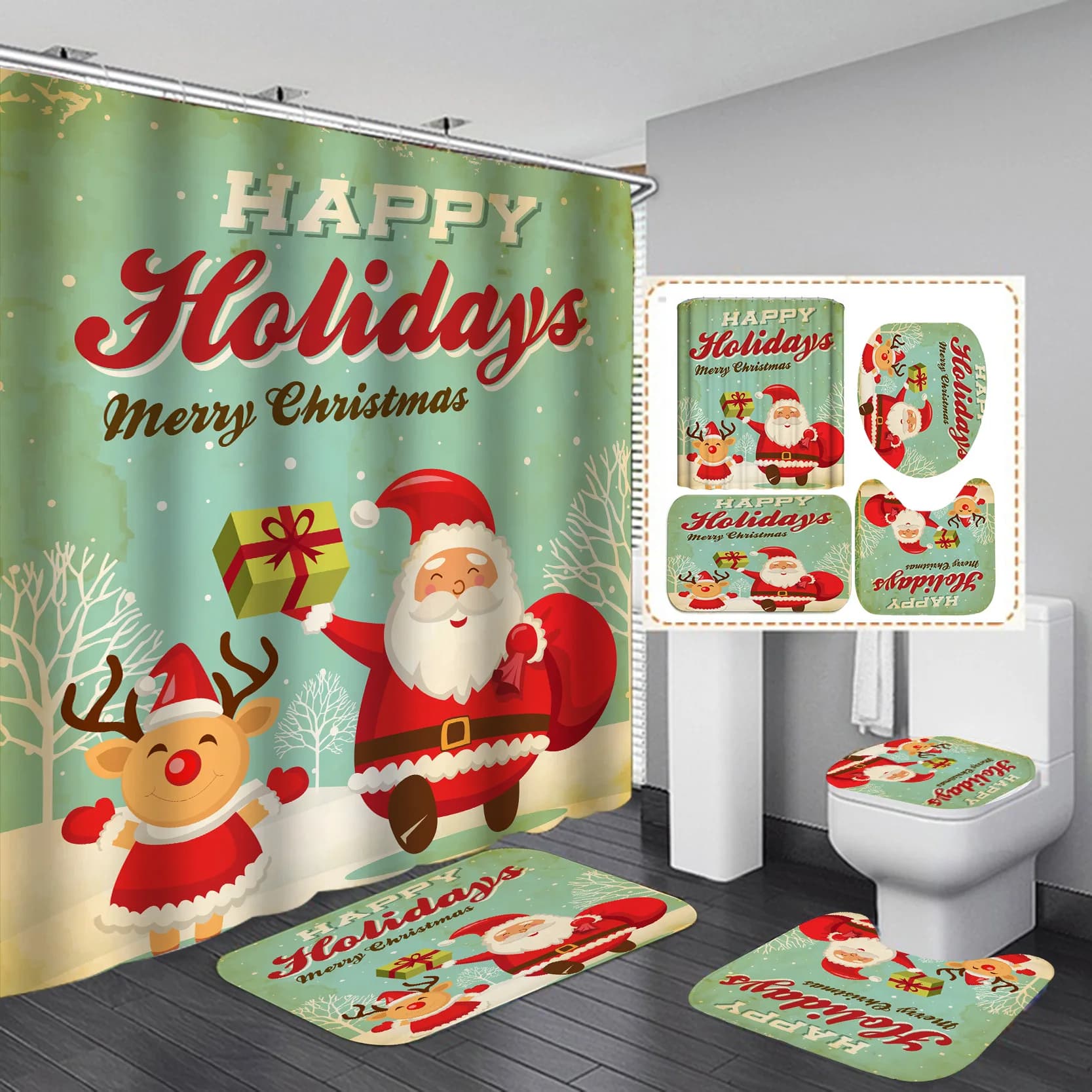 Christmas Holiday Ambience Digital Printed Waterproof Mouldproof Bathroom Shower Curtain Set