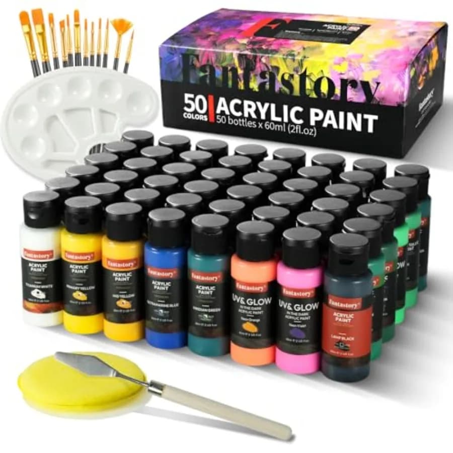 Acrylic Paint Set, 50 Colors 2oz/60ml with 15-Piece Accessory Kit (12 Brushes, Palette, Scraper, Sponge) Includes 6 Glow-in-the