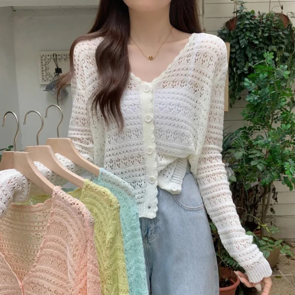 Women's Summer Cardigan in T-Shirt with V-neck, Subtile, Casual, Long Sleeves, Solar Protection