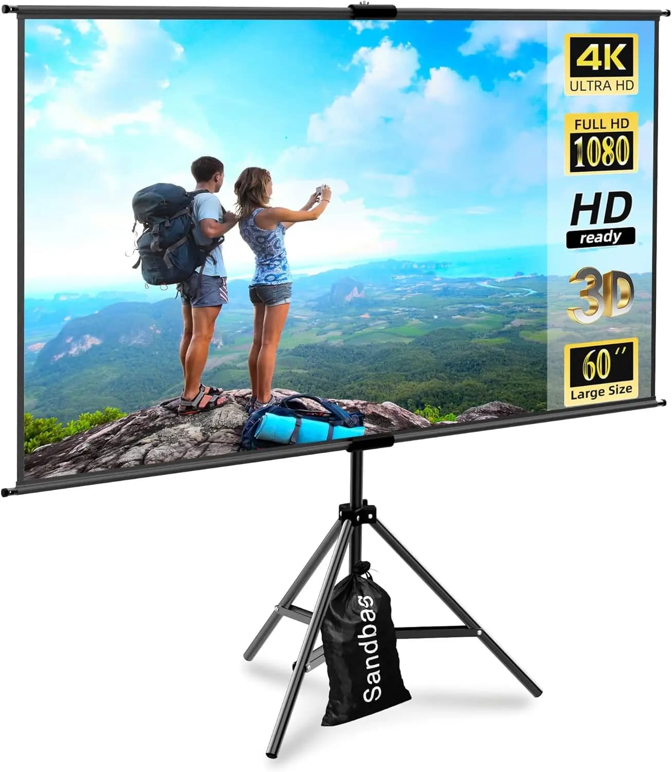 60" Portable Projector Screen with Tripod Stand, Compact for Small Spaces, Wrinkle-Free for Indoor Outdoor Camping Office