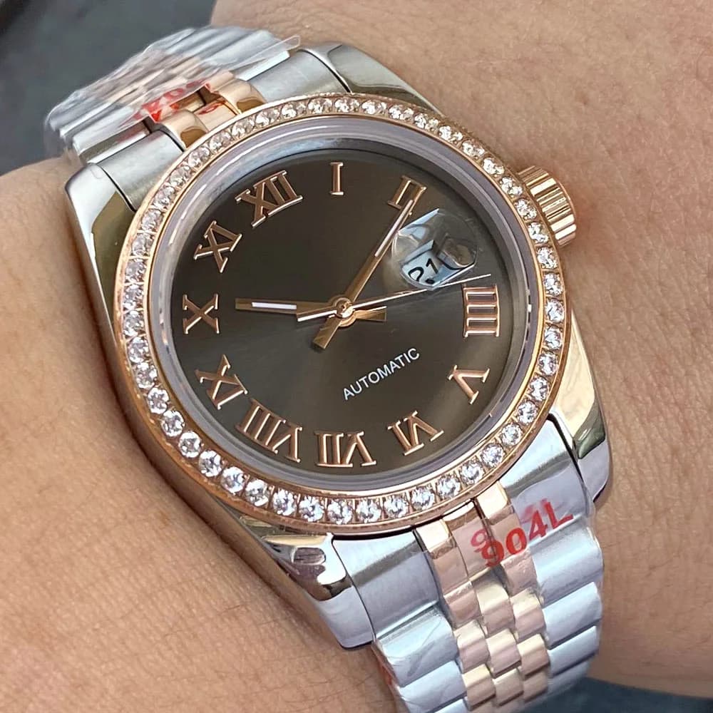 Tandorio New 31mm Silver Rose Two Tone Diamond Bezel Roman Lady Watch Sapphire Crystal 5ATM Automatic NH05A Women's Watches