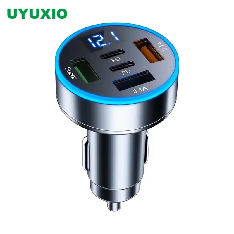 UYUXIO Adattatore per caricabatteria per telefono da auto USB 5 in 1 con display di tensione Doppia porta PD Carica super veloce per iPhone Samsung Huawei OPPO