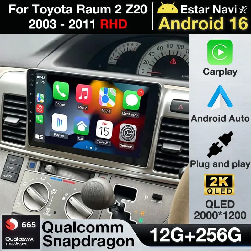 Autoradio Android 16 per Toyota Raum 2 Z20 2003 - 2011 RHD Wireless Carplay Auto GPS Multimedia Video Player Navi Head Unit QLED