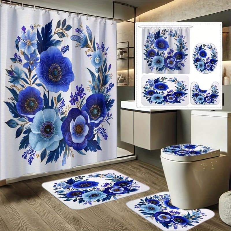 Set di tende da doccia con stampa artistica con ghirlanda floreale blu da 4 pezzi, set di decorazioni per il bagno include tende da doccia, tappetino da bagno antiscivolo, WC