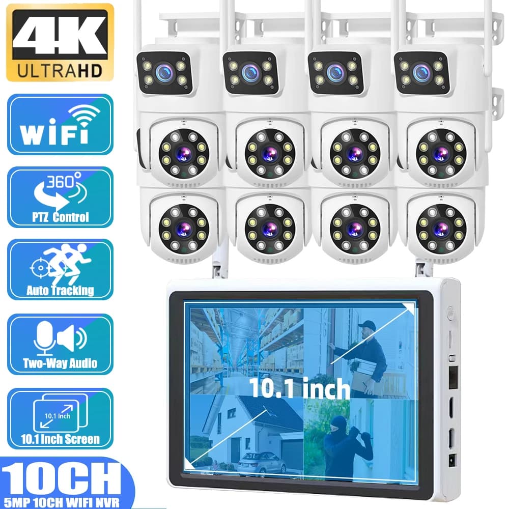 Wireless Security Camera System with 10 CCTV Channels, Dual Lens PTZ Camera, 10.1" 5MP LCD Monitor, WiFi NVR Kit