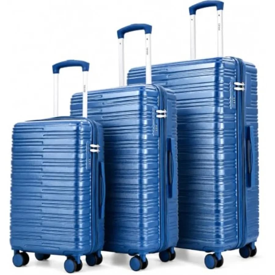 Travel luggage set for airport use, polycarbonate material, navy blue color, lightweight and expandable with 360 spinner wheels