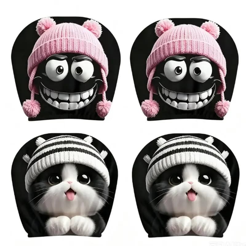 NEW-4Pcs Funny Cartoon Car Headrest Covers, Cute Printed Car Seat Headrest Protector, Universal Auto Seat Head Rest Cover
