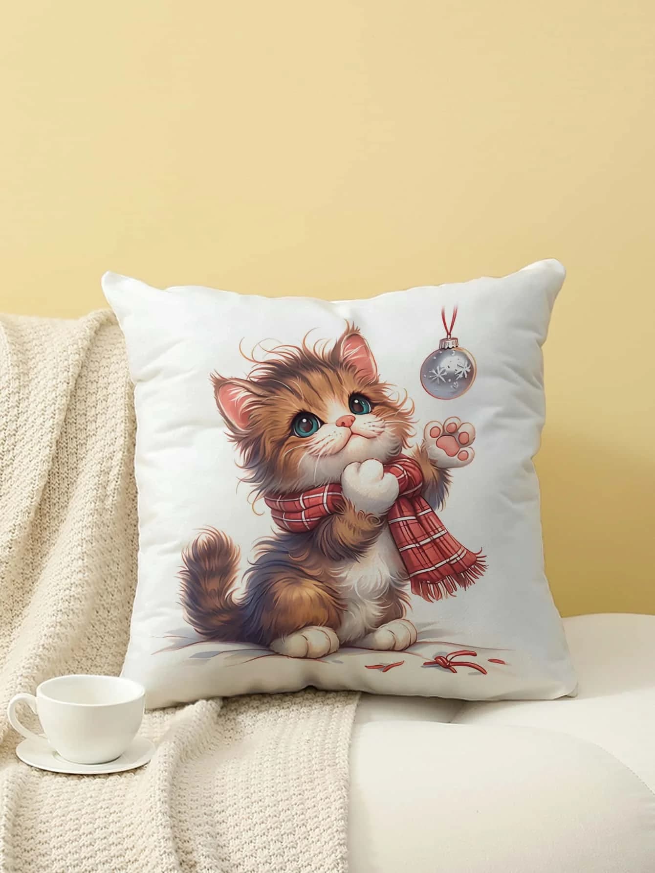 Fodera per cuscino con stampa gattino natalizio e sciarpa, federa decorativa per divano, camera da letto, soggiorno, letto, sedia da ufficio, decorazioni per la casa
