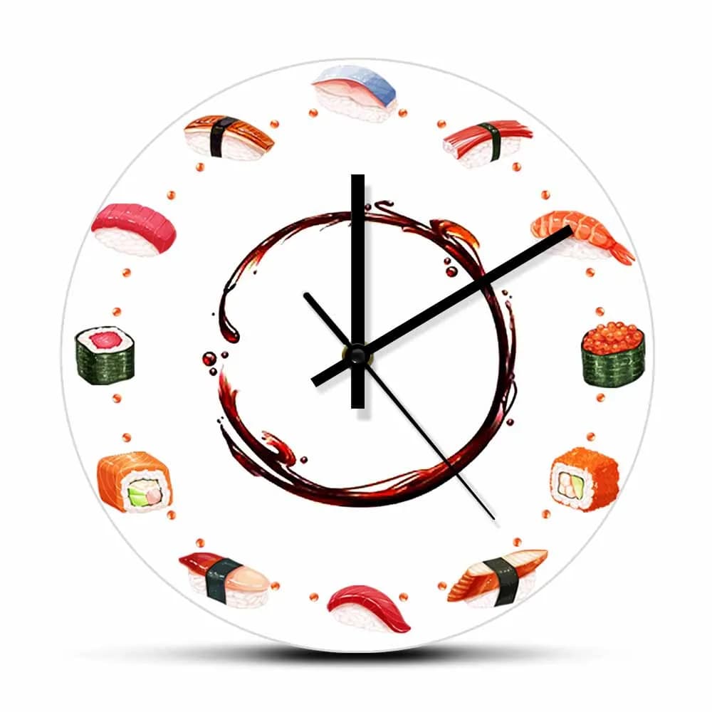 Orologio da parete decorativo con tipi di sushi della cucina giapponese per cucina, sala da pranzo, ristorante giapponese, Nigiri, Sashimi, orologio al quarzo con arte culinaria