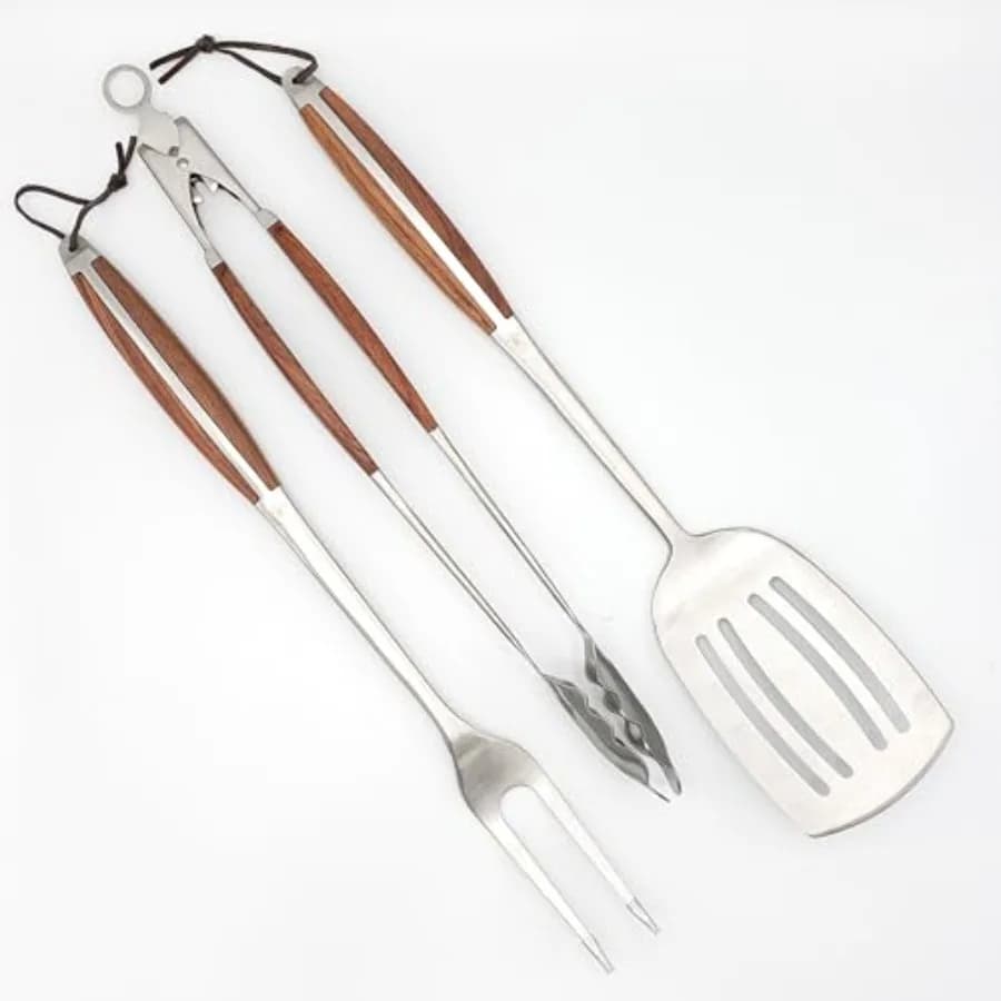 Set of 3 Stainless Steel Barbecue Tools with Palissandro Wood Manici, Spatola, Pinze, Forchetta, Premium Grilled Kit