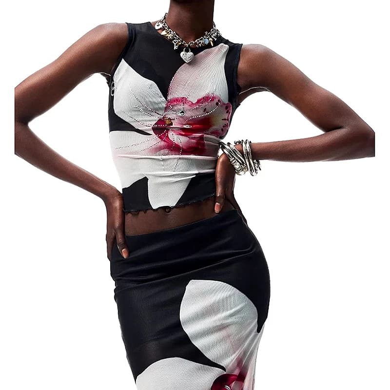 Vintage Printed Mesh Two Piece Set Sleeveless Slim Tank Top And Elastic Skirts Harajuku Street Style Woman Clothing SL201