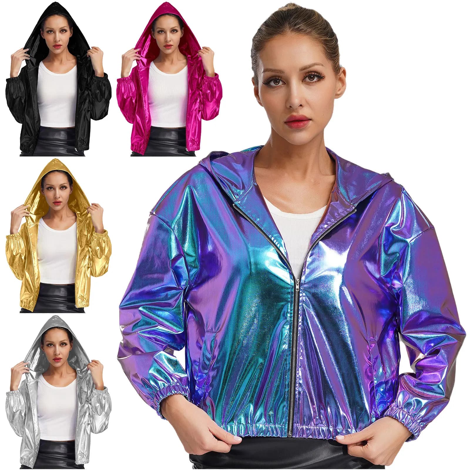 women's jackets Coats Long Sleeve Hooded Zipper Jacket Sparkly Metallic Short Jacket Fashion Coat Club Casual Wear