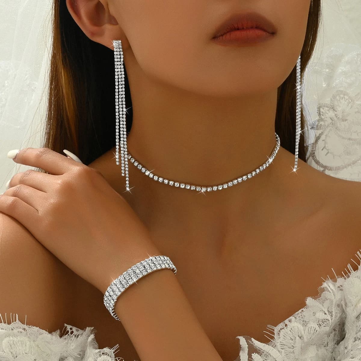 4 pezzi da donna alla moda con catena ad artiglio, multi fila, orecchini con nappa, collana, braccialetto, set di gioielli, banchetto di nozze, festa, regalo di festa
