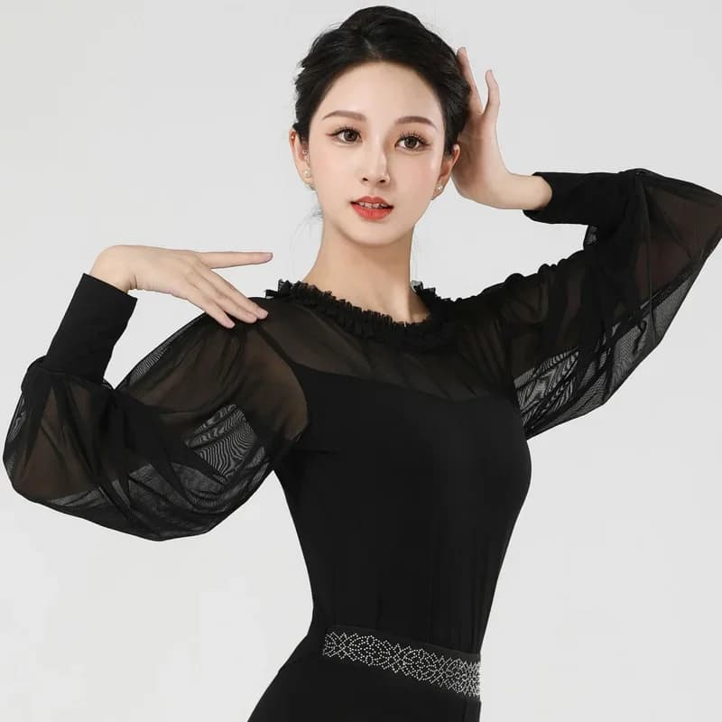 Abbigliamento da ballo da donna latino sexy top in rete maniche lunghe tuta da ballo sala da ballo valzer della pancia linea classica nuovi pantaloni con strass