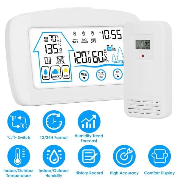 Wireless weather station with clock, 196FT flow, indoor and outdoor thermometer, battery powered backlit display