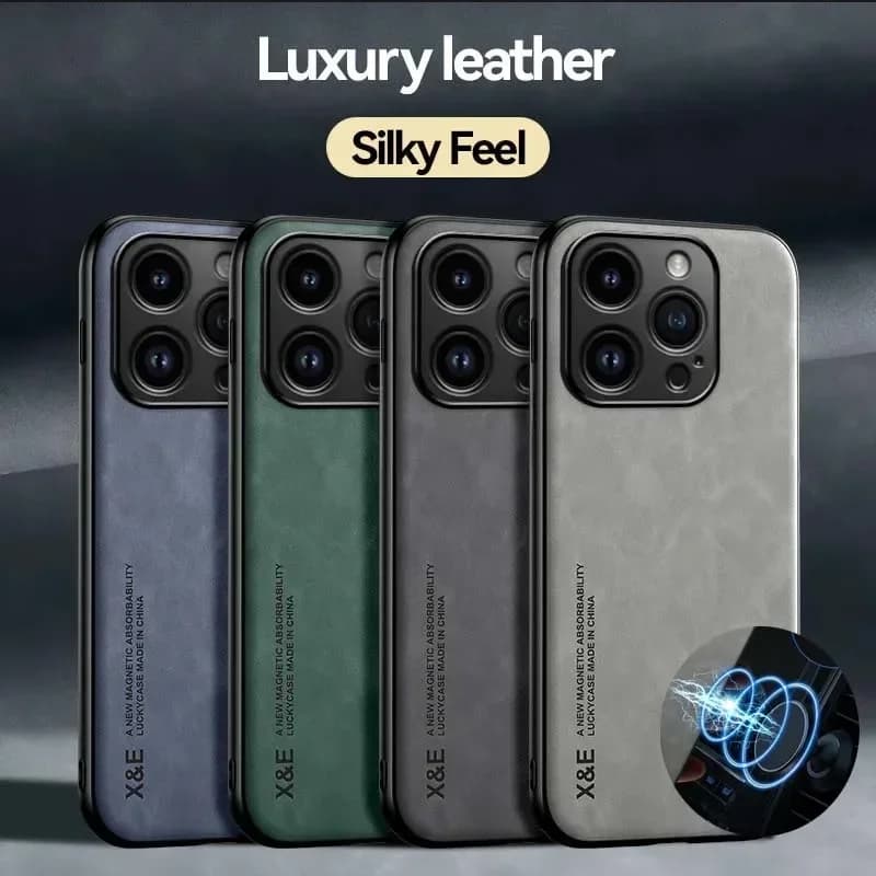 Custodia in pelle di lusso per iPhone 17 16 16e 15 14 13 12 11 Pro Max Plus 13 12 Mini SE 8 7 Cover con piastra metallica Supporto per auto