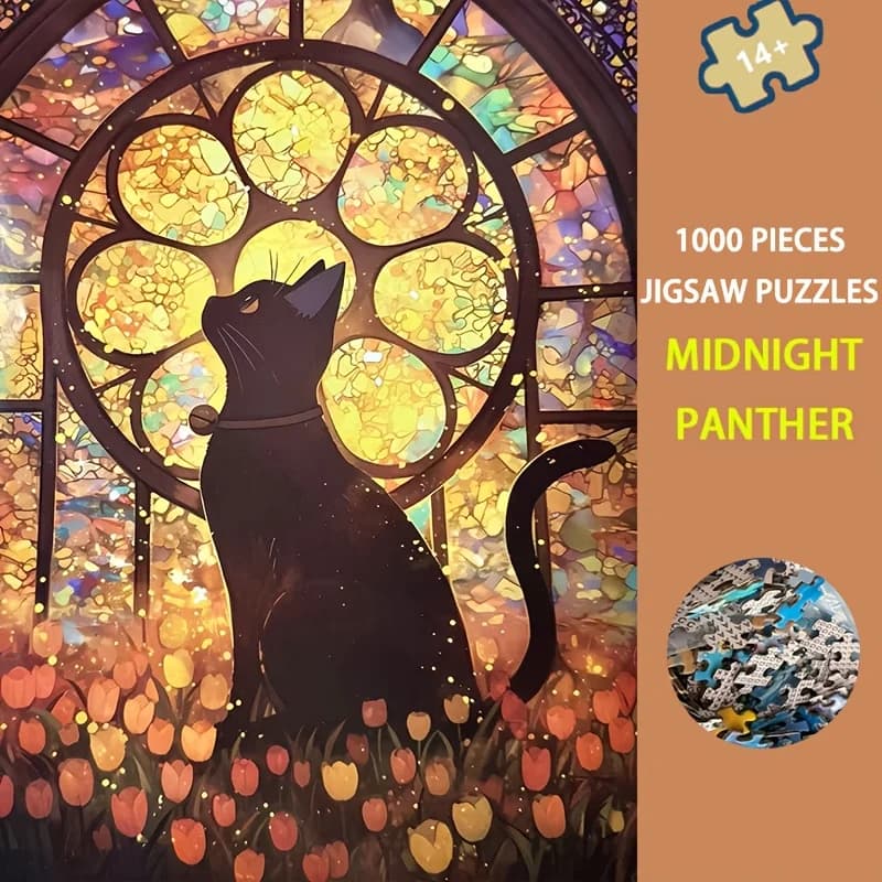 1000pcss Ebony Feline Jigsaw Puzzle 27.5x19.7 Inches for Cat Lovers with Paper Box And Reference Poster