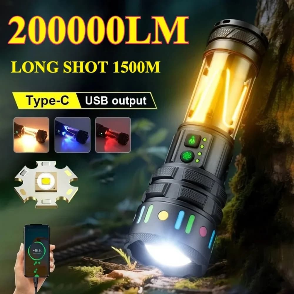 Torcia Ricaricabile ad Alta Luminosità, Super Brillante per Campeggio, Luce COB, Zoom Telescopico, Multiuso per Escursioni all'Aperto
