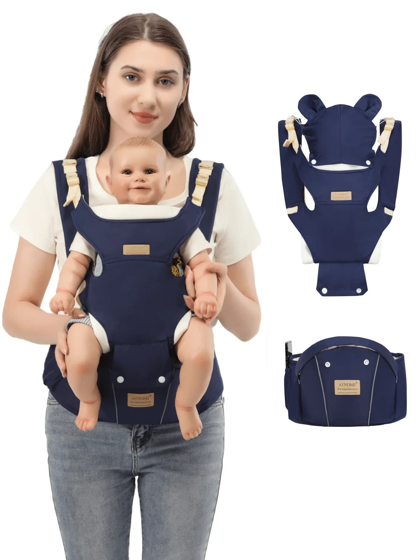 Marsupio Multifunzionale Blu per Neonati: Stile Frontale e Posteriore, Design a Mani Libere Cinghie regolabili frontali. Adatto per