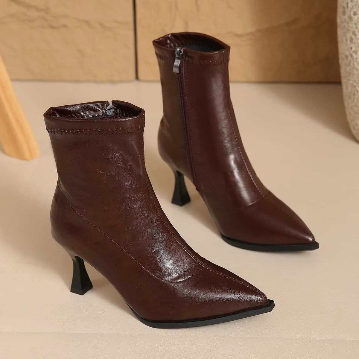 2026 Fashion Women's Pointed Toe High Heel Low-Cut Leather Ankle Boots with Side Zipper for Work