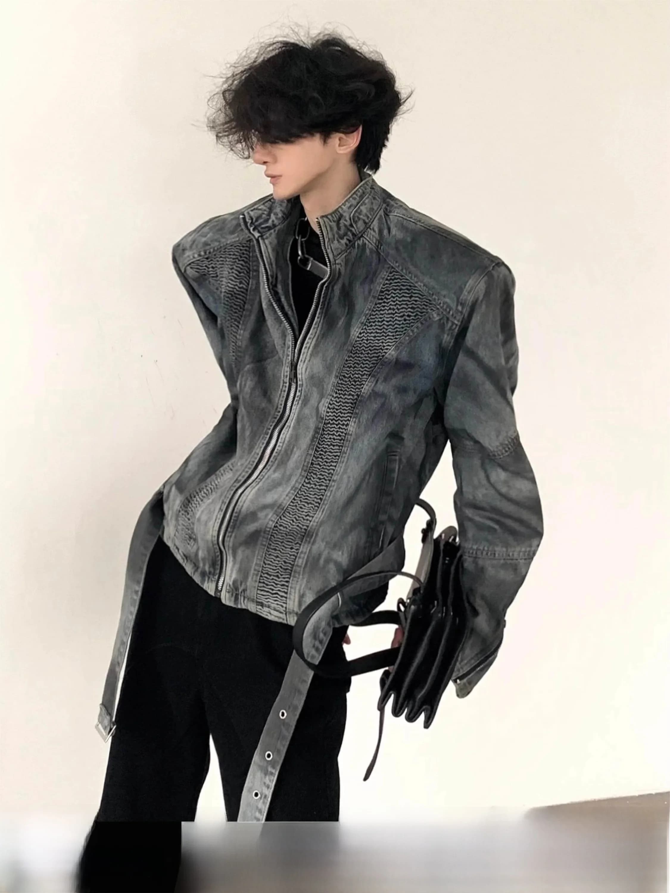 Heavy Duty Shoulder Padded Denim Jacket Men's Retro American Short Style Pleated Design Casual Youthful Spring Autumn Winter ...