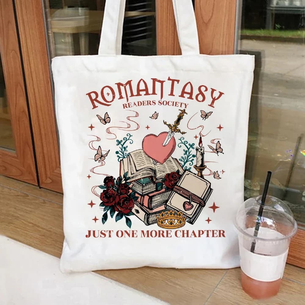 Romantasy Book Tote Bag Borsa tote in tela Borsa a tracolla con borsa per il trucco Borsa per la scuola letteraria Casual