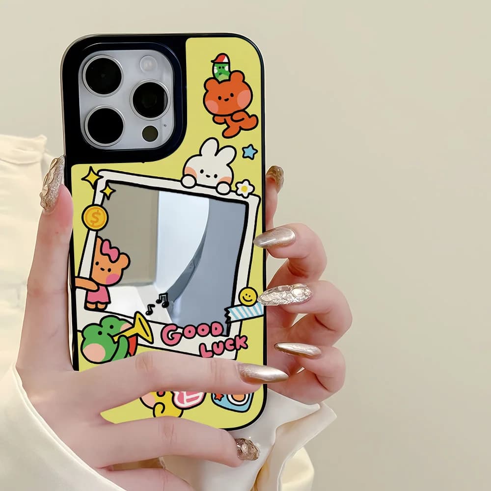Cute Cartoon Mirror Phone Case For iPhone 17 Pro Max Case iPhone 11 15 Pro 16 14 13 12 17Pro Max Cases Make up Mirror Back Cover