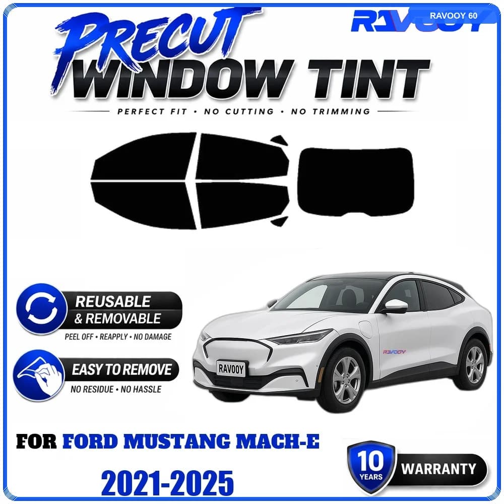 RAVOOY Precut Window Tint, Reusable Removable EPU Film, Custom Fit for Ford Mustang MACH-E 2021-2025, UV Heat Protection