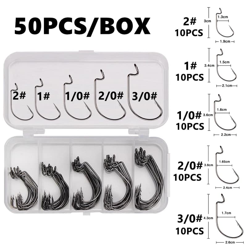 Set of 50 canned fishing hooks, jig, crank, hooks with ardillon, high carbon stainless steel, wide gap, offset, soft worms and sea fishing