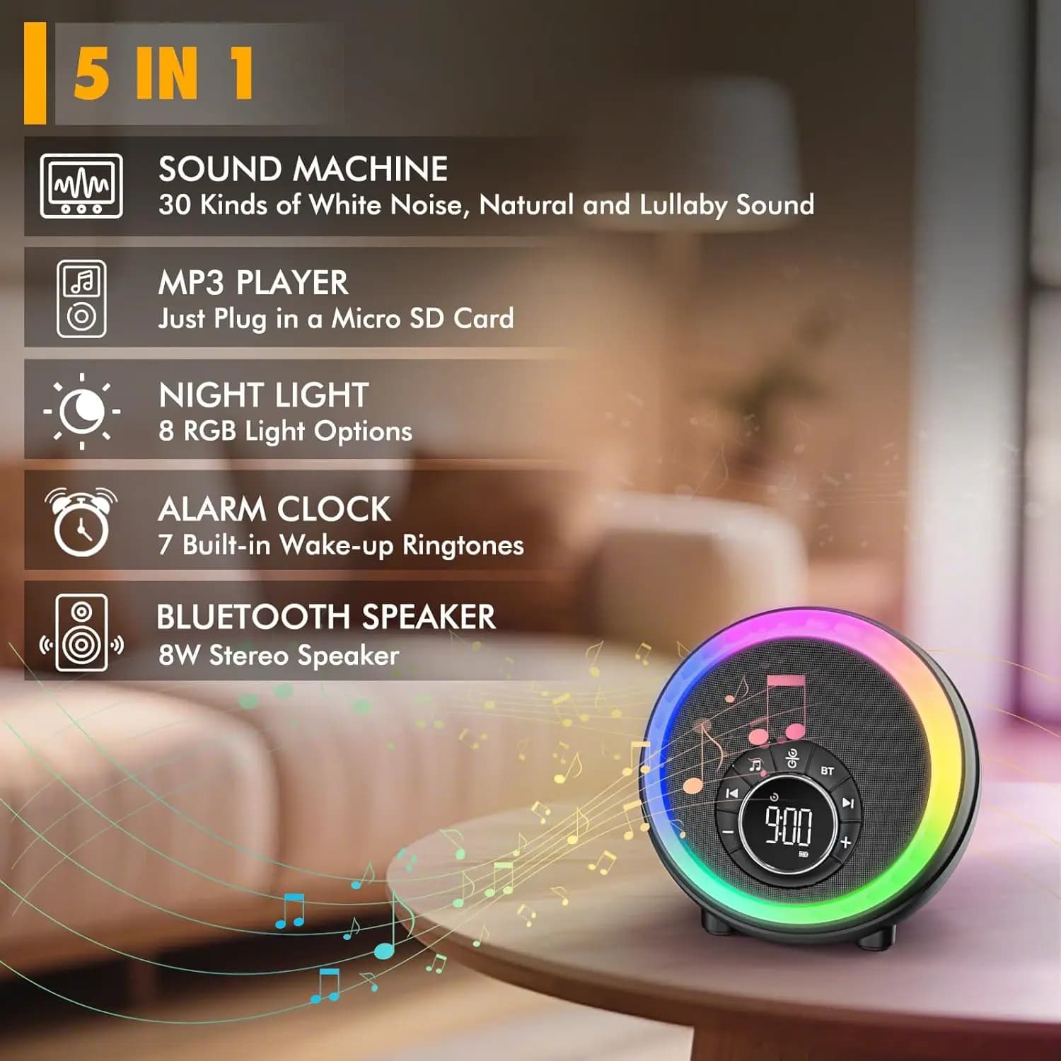 Portable Wireless Bluetooth Speaker,Sound Machine Alarm Clock,White Noise 30 Soothing Sounds,Dimmable Night Light for Home Decor