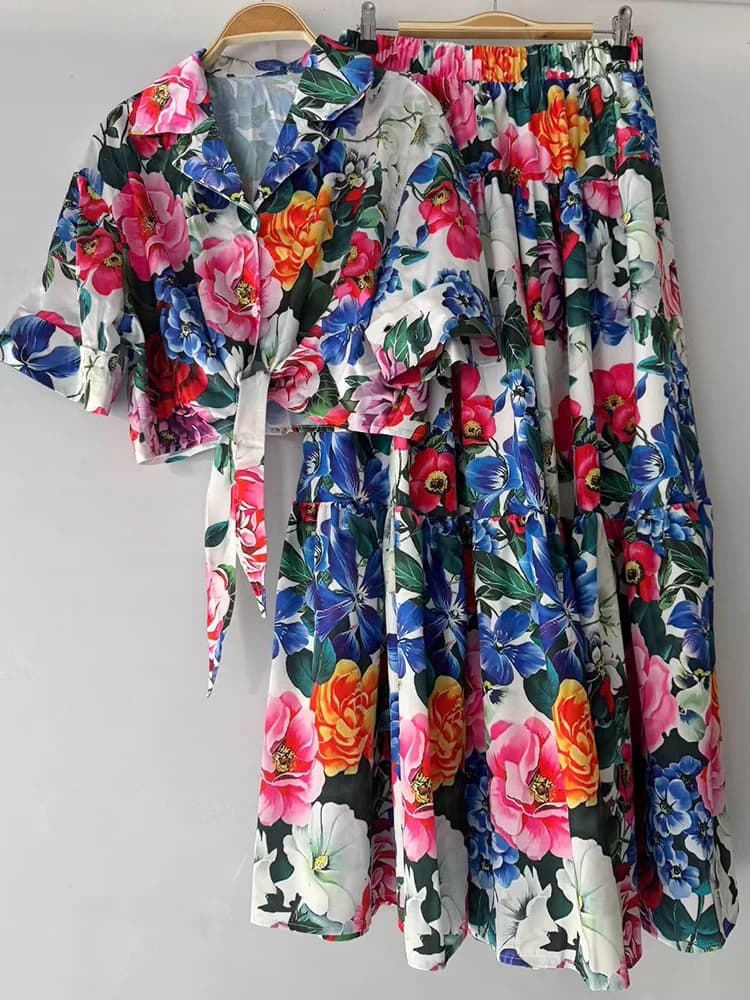 Retro Summer New Fashion Printed Skirt Smooth Short Sleeved Shirt + High Waist An elegant skirt women's dress in two pieces