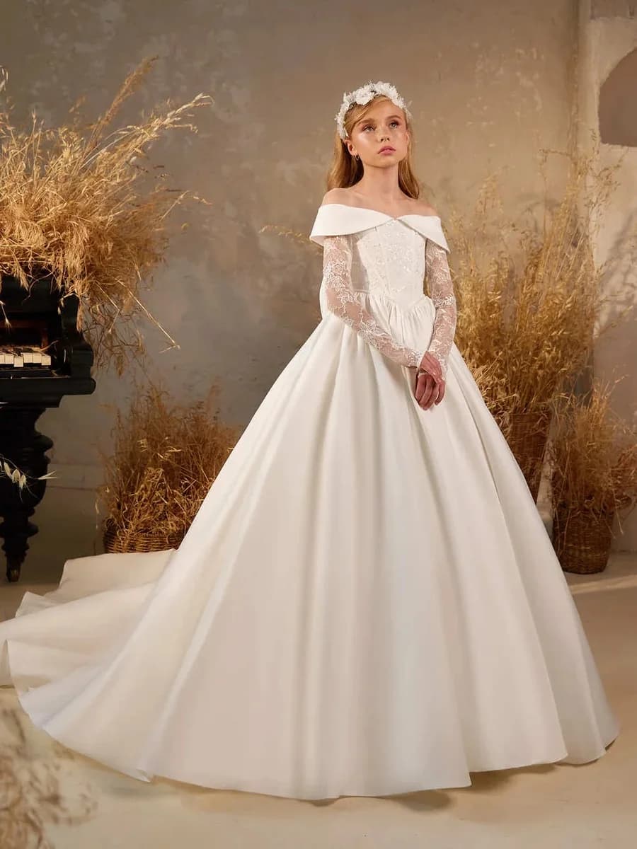Abito da ragazza di fiori Elegante abito da sposa da bambina in raso con gonna in tulle per damigella d'onore e occasioni speciali