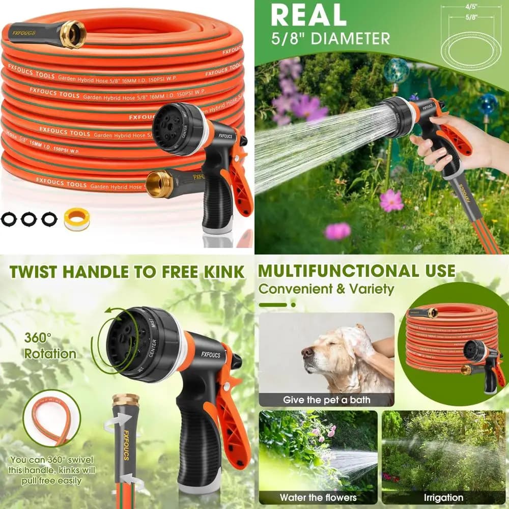 Flexible and lightweight 5/8 inch hybrid garden pipe with 600 PSI burst pressure and swivel handle for durable performance