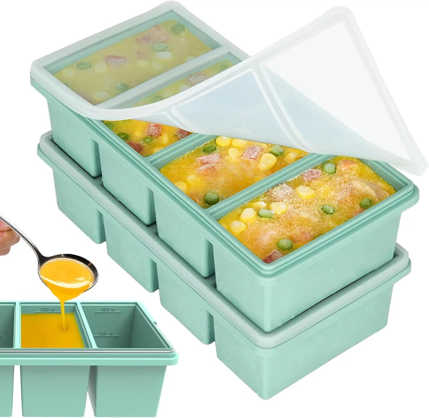 Set di 2 Contenitori in Silicone per Freezer con Coperchi, Vaschette per Zuppa da 1 Tazza, Ermetici, Lavabili in Lavastoviglie e Utilizzabili in Forno, Senza BPA, Impilabili per Preparazione Pasti