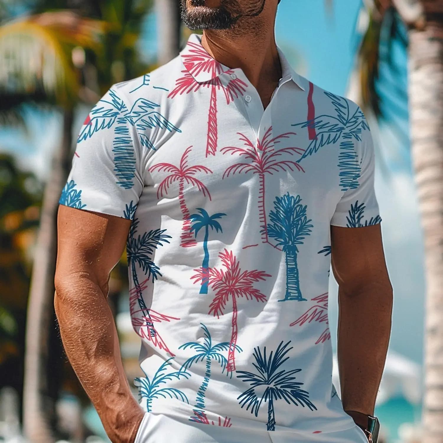 Polo da golf con stampa 3D casual alla moda da uomo con motivo floreale tropicale, maglietta a maniche corte in poliestere, polo con risvolto microelastico