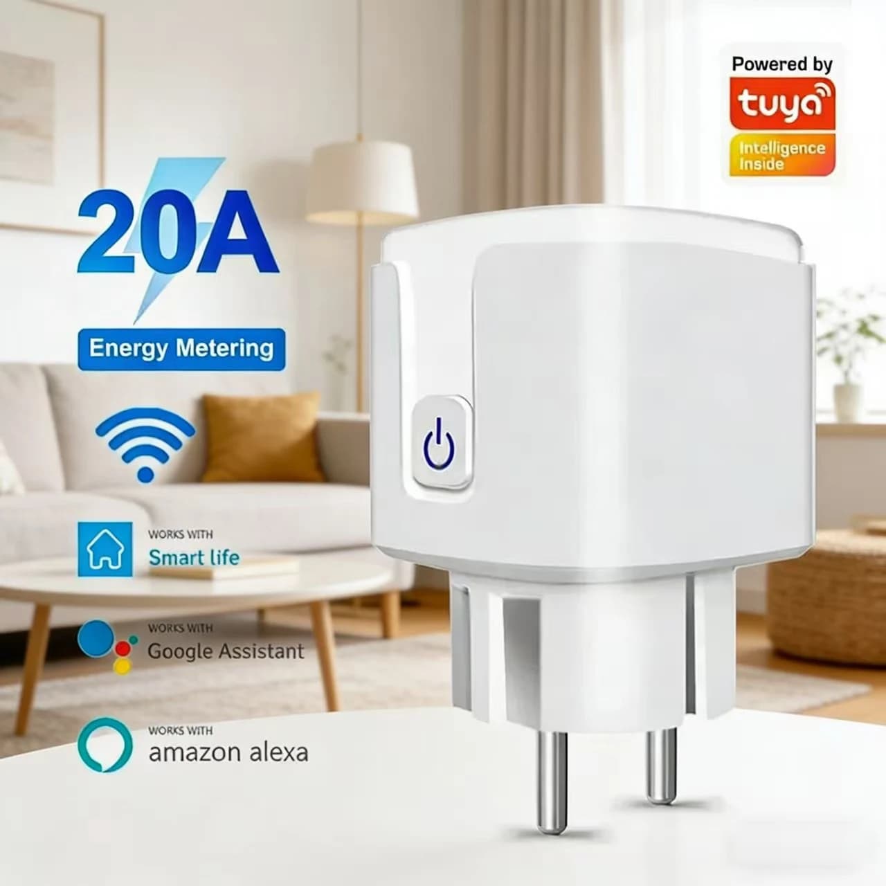 Presa Intelligente WiFi EU 20A Tuya con Monitoraggio Consumo, Timer e Controllo Remoto Compatibile con Alexa, Google Assistant e Smart Life