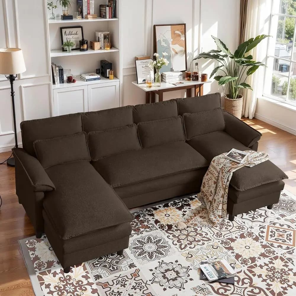 Divano Componibile Comy Cloud con Cuscini Lombari, Divano a U Cloud con Doppia Chaise Longue e Seduta Profonda, Divano Componibile a 4 Posti