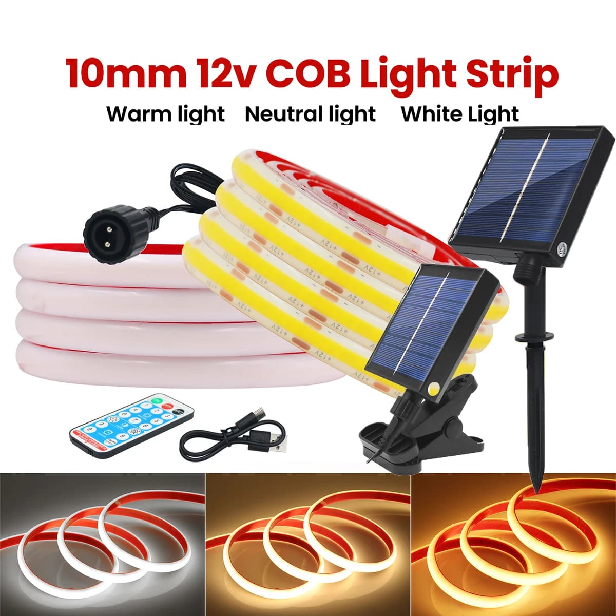 Striscia LED COB con Clip di Fissaggio Solare, 12V Dimmerabile con Telecomando, 320 LED/m, Luce Calda Naturale, Impermeabile, Flessibile, Adesiva, per Decorazioni