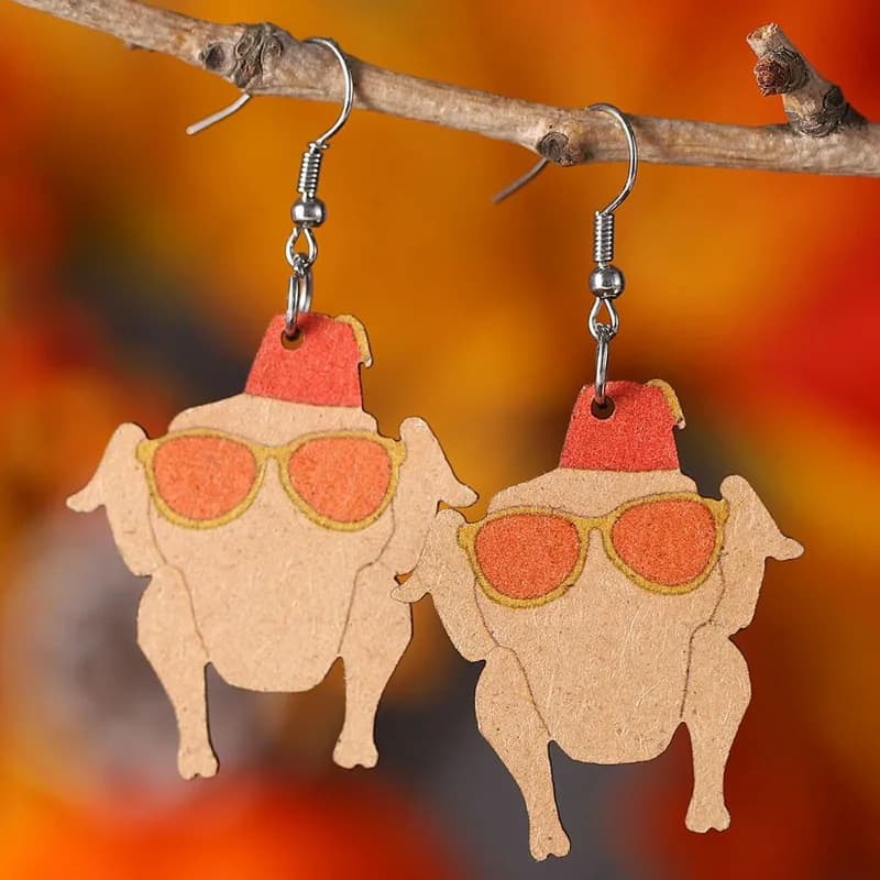 Orecchini Pendenti a Tema Ringraziamento per Donne, con Tacchino, Cappello e Occhiali da Sole in Legno, Gioielli Autunnali Bifacciali, Regalo