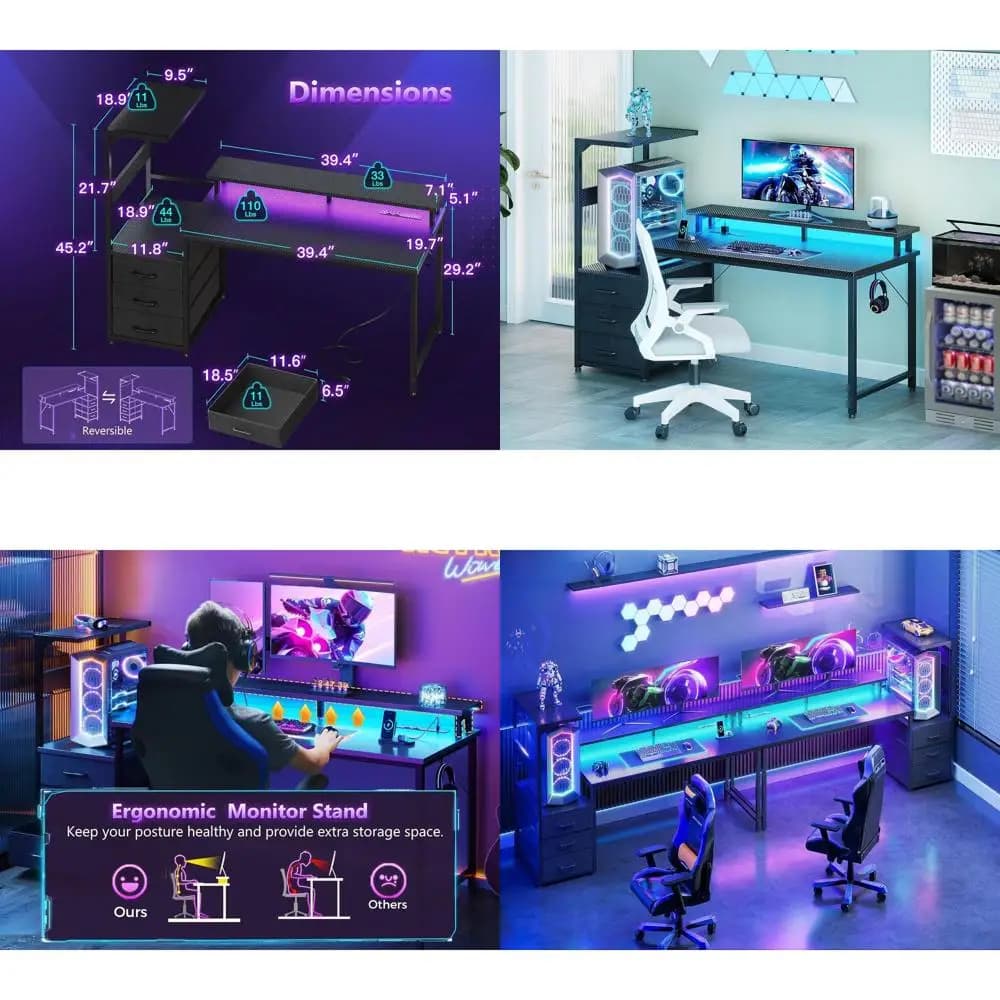 Scrivania da Gaming con 52 LED, Porte USB, Superficie Reversibile, Supporto per Monitor, Porta CPU, Gancio Laterale, Scrivania Ergonomica da Ufficio, Nera