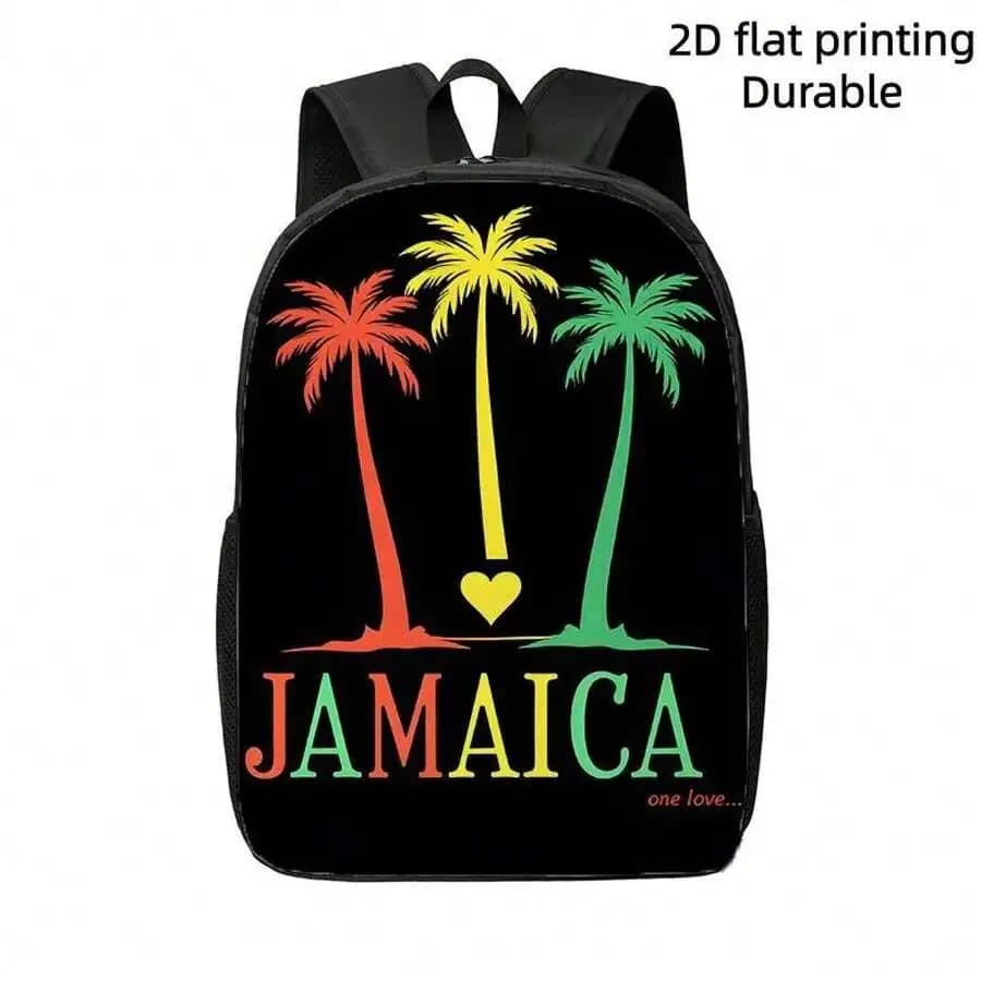 Jamaica Palm Tree Print Backpack With Heart Design Black Background Unisex Travel School Bag