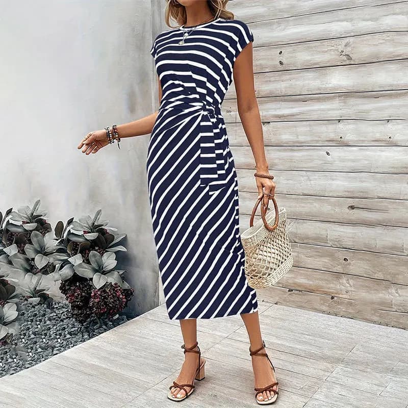 Elegante ed elegante cinturino in vita a righe girocollo manica corta abito lungo abito estivo da donna di fascia alta