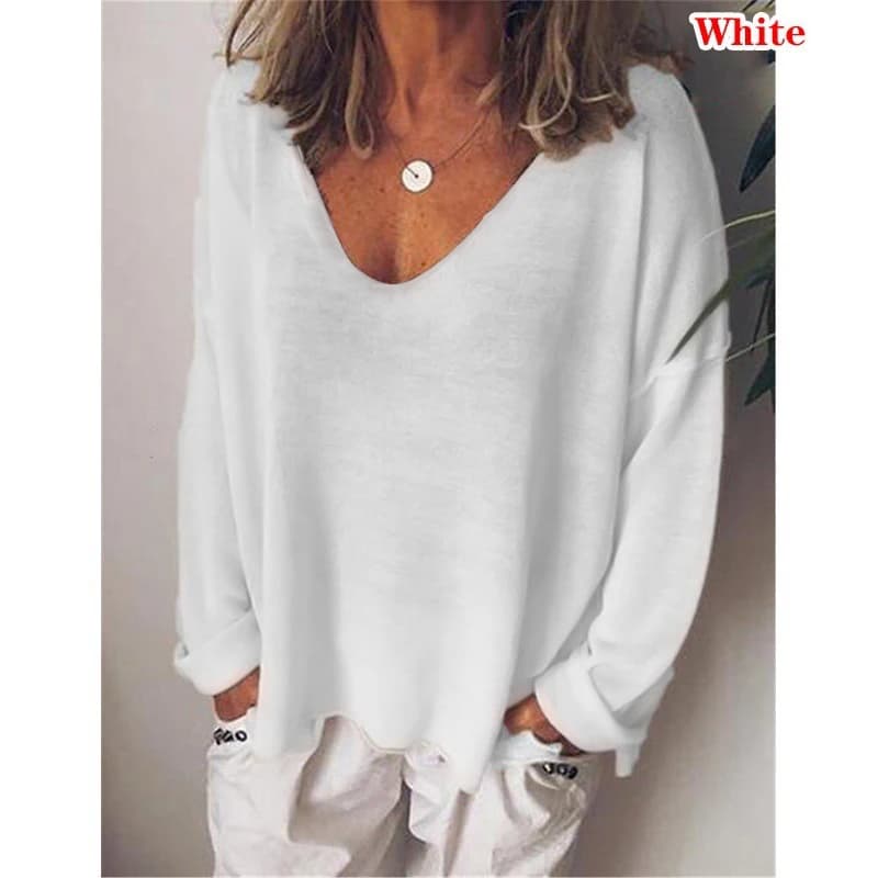 2023 Autunno Abbigliamento donna Tinta unita T-shirt Casual Allentato Top Femme Camicette con scollo a V Manica lunga Abiti sottili Moda Quotidiana