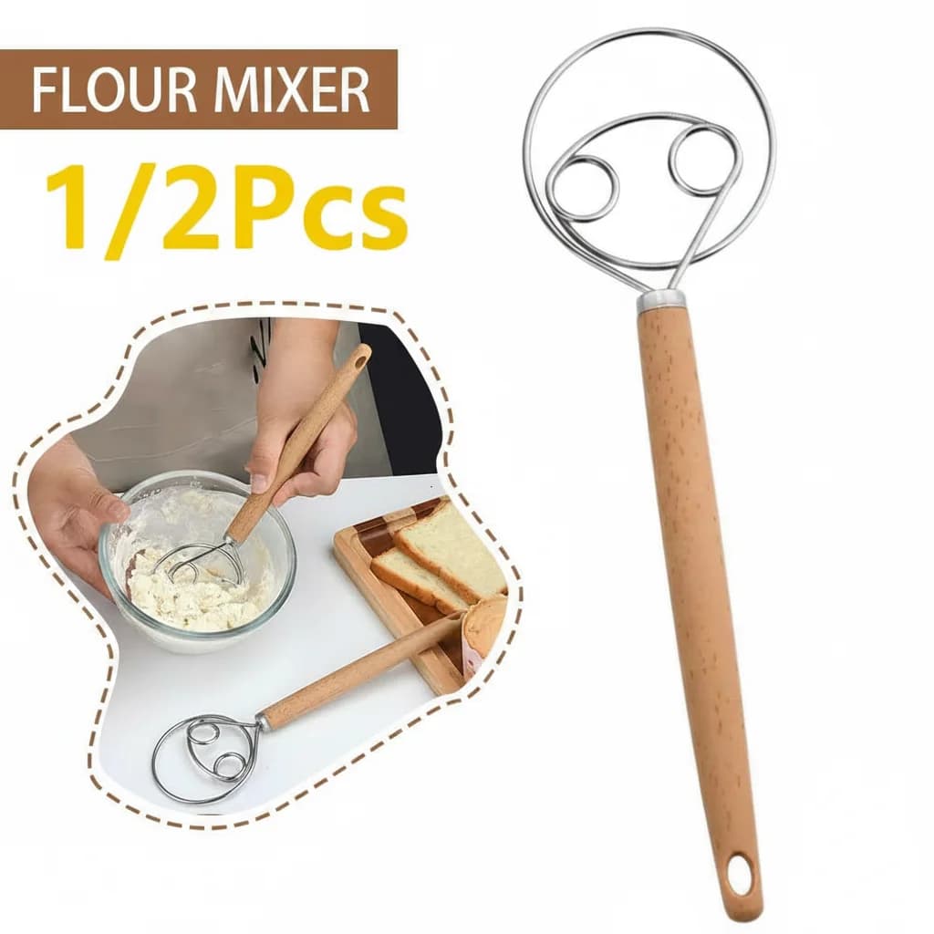 Cake Tools Danish Dough Whisk Stainless Steel Dutch Bread Dough Hand Mixer Wooden Handle Kitchen Baking Tools Artisian Blender