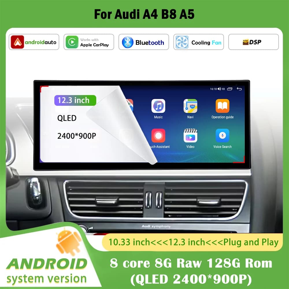 Android 15 Per Audi A4 B8 A5 2009 - 2016 Bluetooth WiFi Carplay Stereo GPS Navi 4G Video per auto Lettore radio multimediale Schermo QLED
